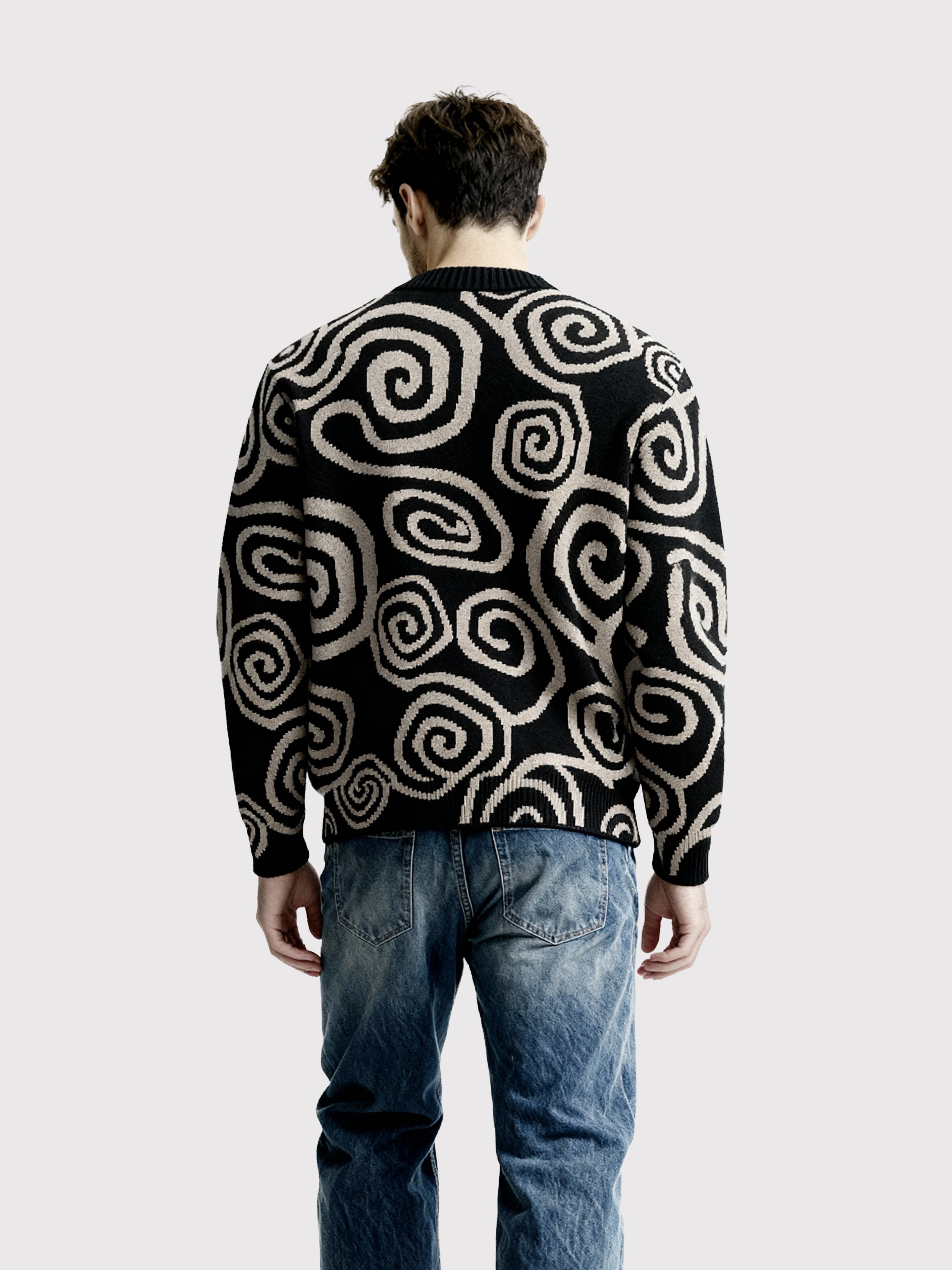 black Spiral Pattern Knit Sweater 12054