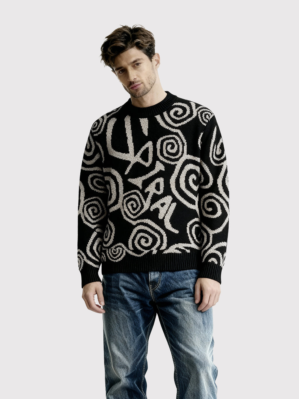 black Spiral Pattern Knit Sweater 12054