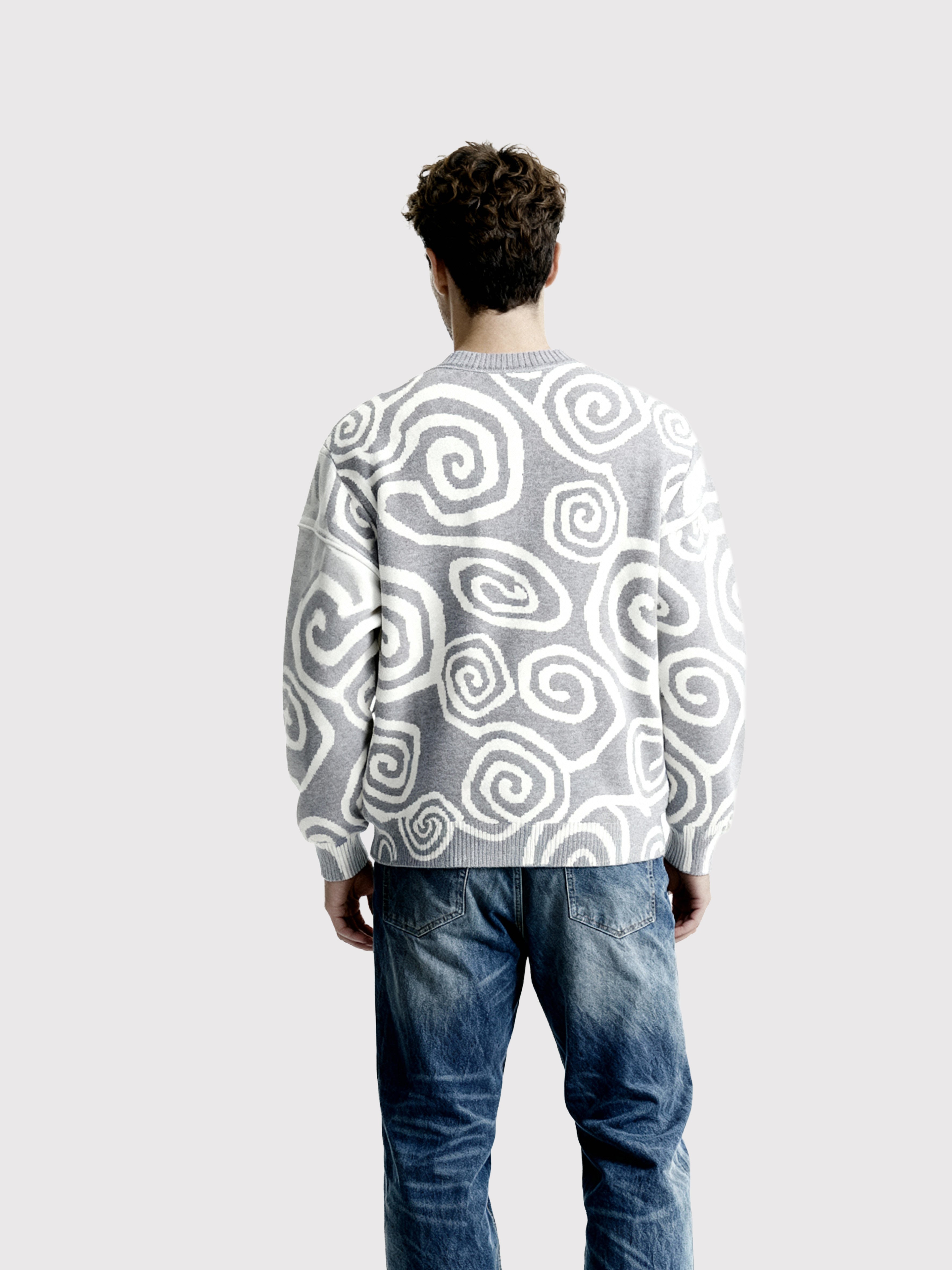 Grey Spiral Pattern Knit Sweater 12054