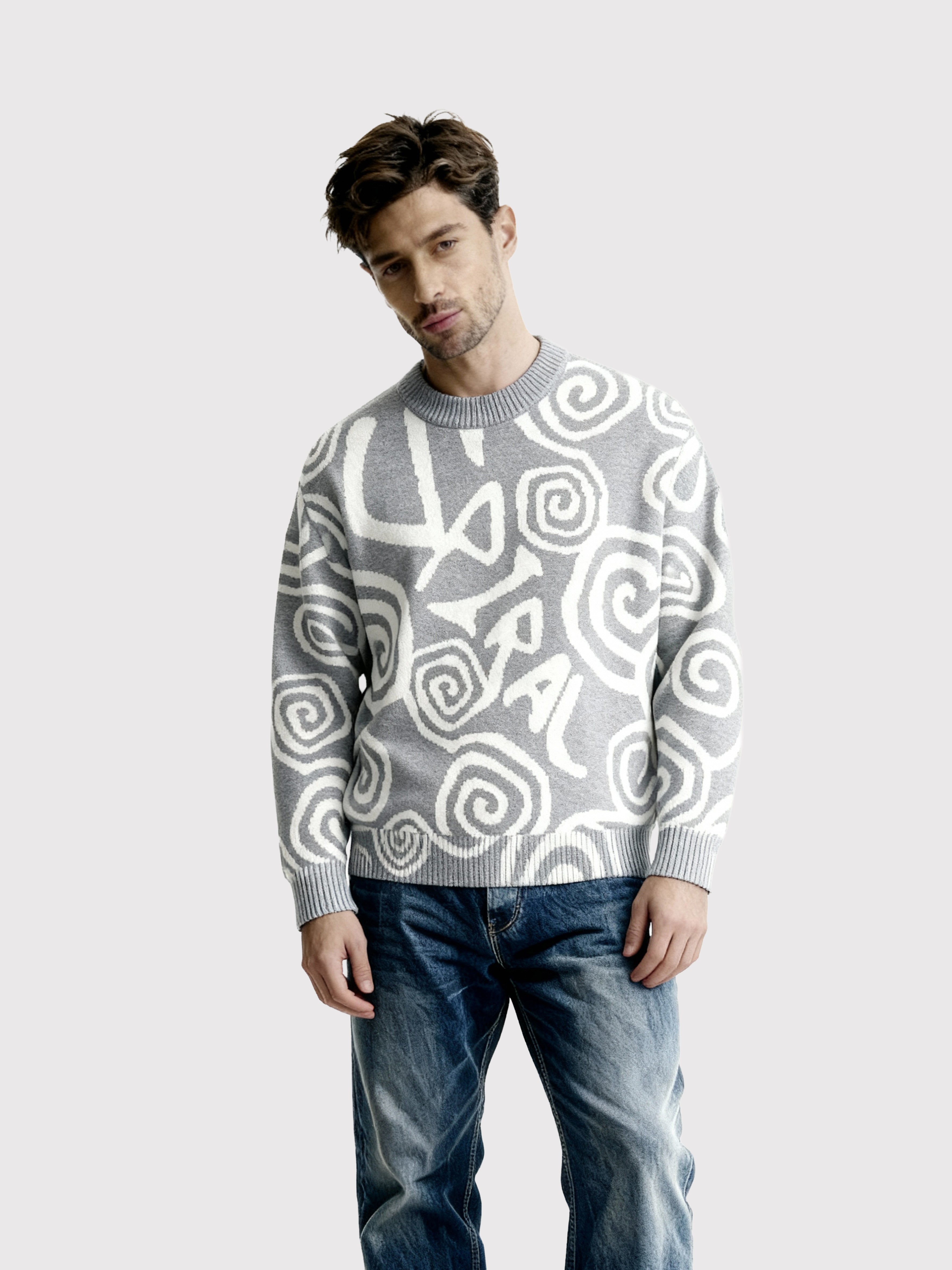 Grey Spiral Pattern Knit Sweater 12054