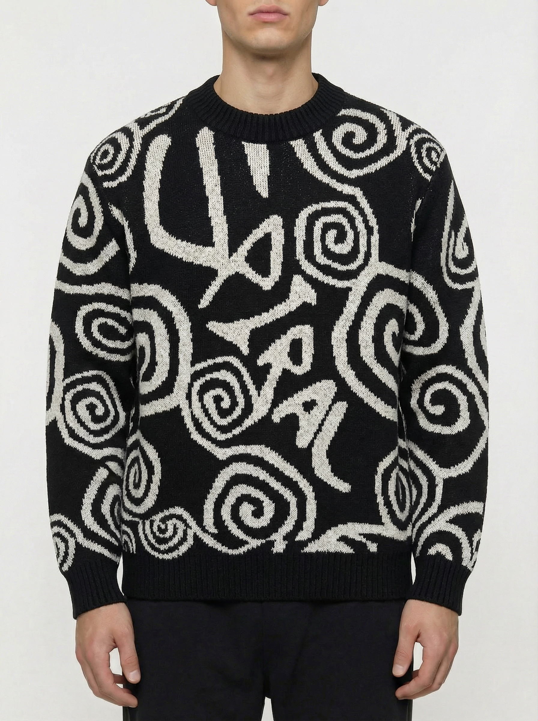 black Spiral Pattern Knit Sweater 12054