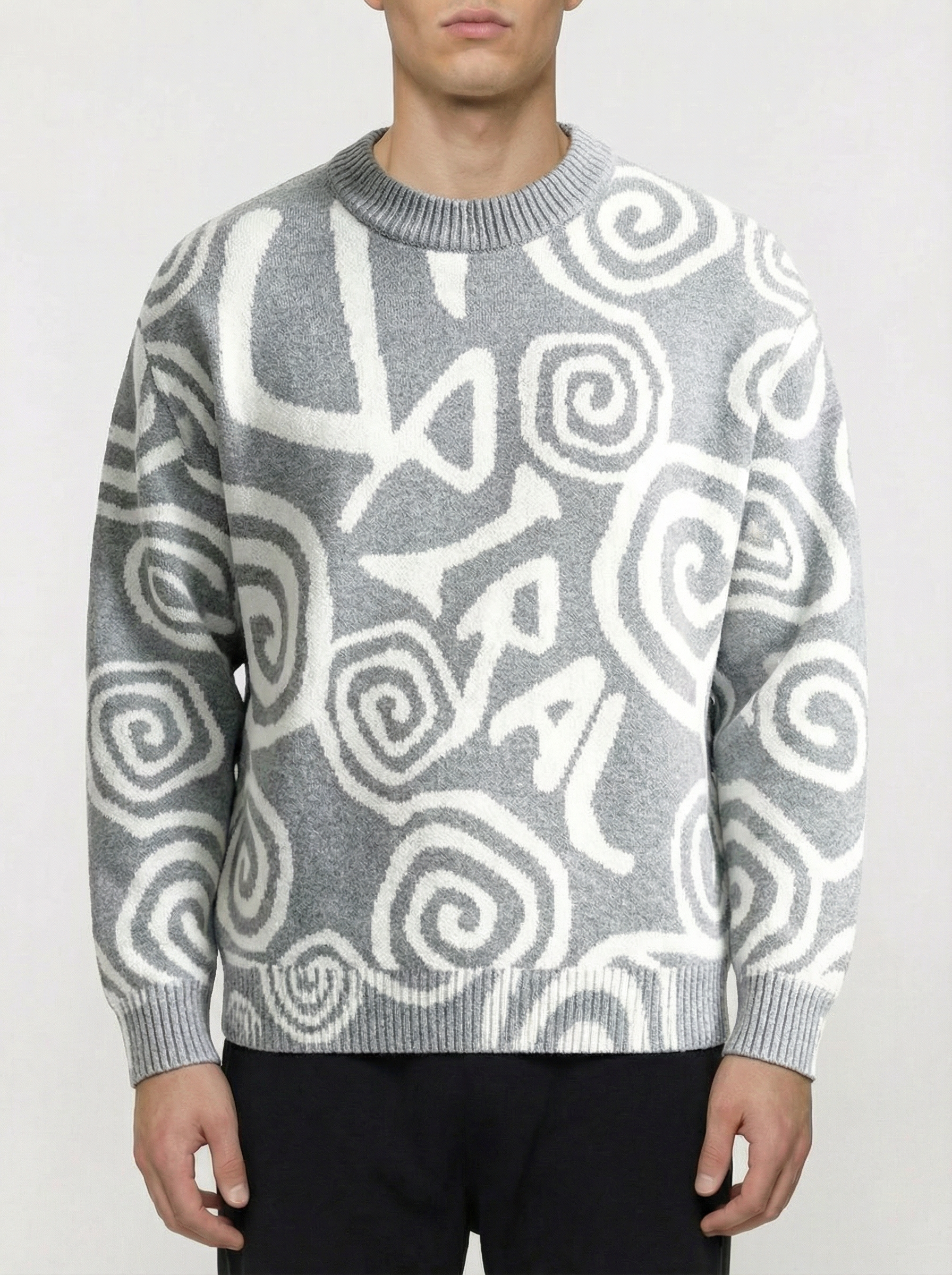 Grey Spiral Pattern Knit Sweater 12054